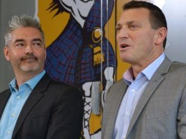 The head of the new Highlanders licence-holder's group, Dunedin businessman Matthew Davey (left), and the franchise's general manager, Roger Clark, address the media at a press conference announcing the change of ownership in Dunedin yesterday. Photo by G