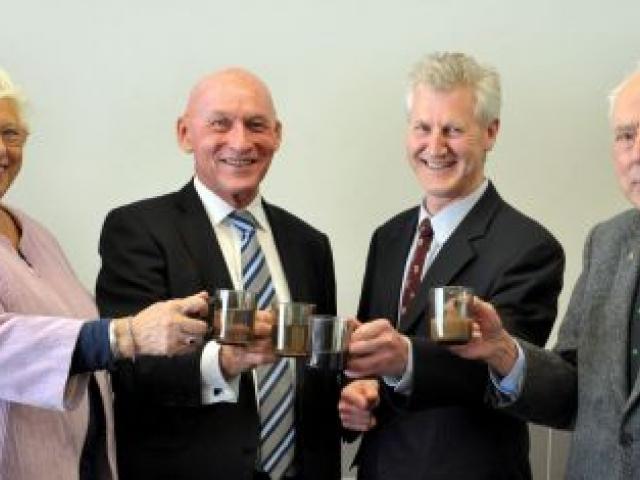 Raising a toast are (from left) New Zealand Heart Foundation life member Shirley Farquhar, Foundation executive director Tony Duncan, Otago Therapeutic Pool Trust secretary/treasurer Neville Martin, and Foundation life member and pool trustee Dr Ted Nye, 