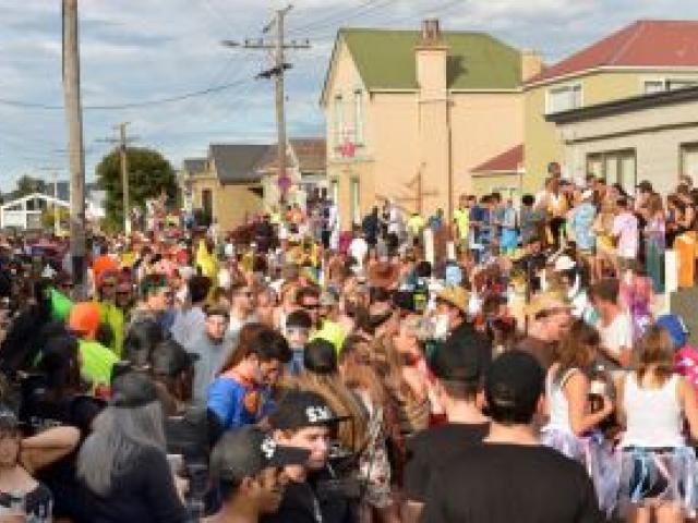 Revellers enjoy the Hyde St party on Saturday. Photo by Stephen Jaquiery.