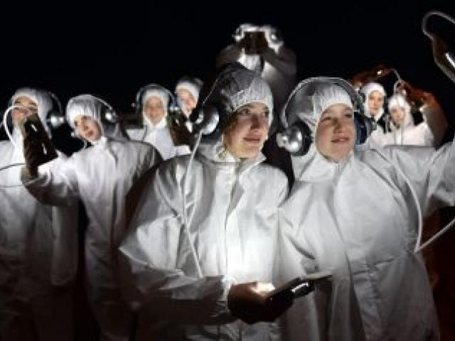 A zombie horde of Logan Park High School pupils take selfies yesterday  during preparations for their Dunedin Midwinter Carnival performance tonight. They are (front) Lisel Nadar-Turner (13, left) and  Mae Rose-Wills (13) and (back, from left) Mila Aitken