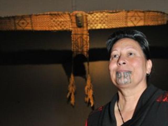 Toitu Otago Settlers Museum public programmes developer Rua McCallum reflects on a recently-installed Maori kite. Photo by Linda Robertson. Toitu Otago Settlers Museum public programmes developer Rua McCallum reflects on a recently-installed Maori kite. Photo by Linda Robertson.