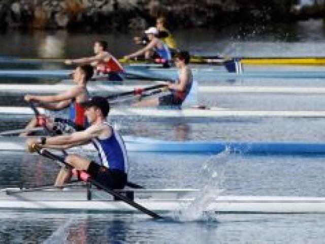 Mitchell Parks (front), of the Otago Rowing Club, makes a good start to his boys under-17 single scull heat. Oamaru's Mark Taylor (top) and Bradley Leydon (second from top), of the Otago Rowing Club, are also in the heat. Photo by Sharron Bennett.
