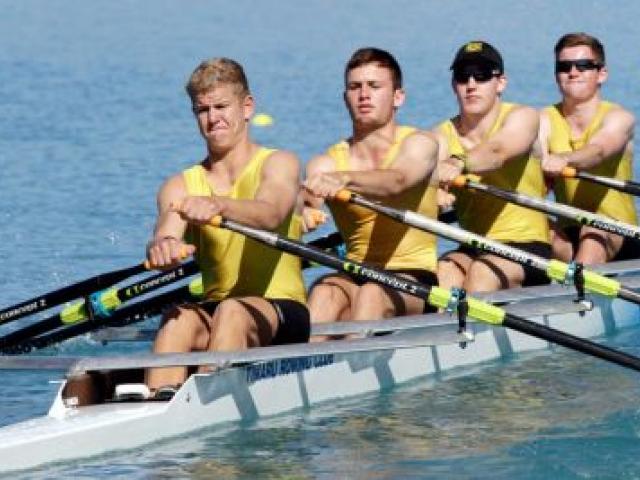 The Oamaru Rowing Club crew of (from left) Mark Taylor, Charlie Wallis, Jared Brenssell and James Scott on their way to winning the men’s club coxless quadruple sculls event at the South Island championships on Lake Ruataniwha on Sunday. Photo by Sharro