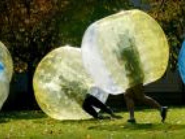 University of Otago students collide in a game of zorb football on the University Union lawn yesterday afternoon. Photo by Gerard O'Brien.