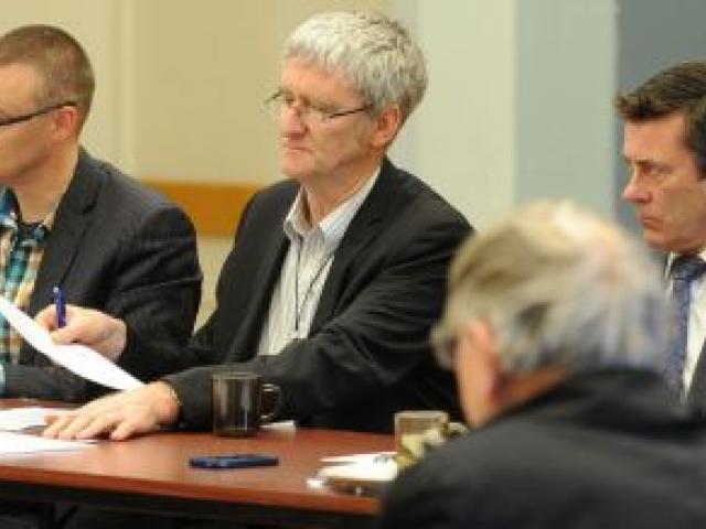 Listening to church leaders' concerns at a meeting yesterday are (from left) North Dunedin MP Dr David Clark, university chaplain the Rev Greg Hughson and National MP Michael Woodhouse.  Photo by Craig Baxter.