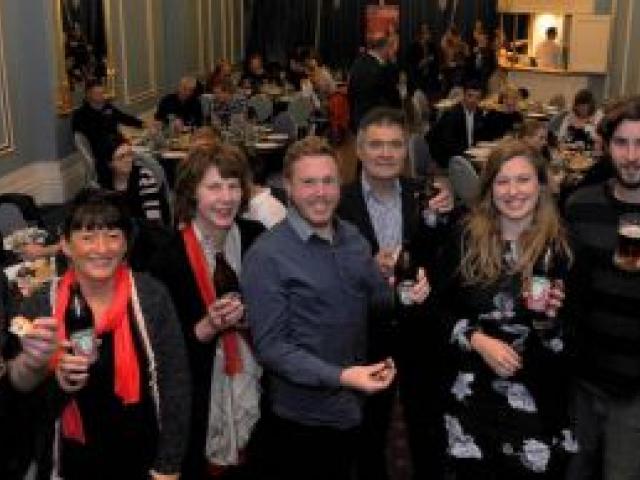 At the launch of the 2014 Dunedin Craft Beer and Food Festival at Dunedin Casino last night are (from left) Richard Emerson, Sue Harvey, Liz Rowe, Dan Hendra, Dave Cull, Ruby Sycamore-Smith and Bart Acres. Photo by Craig Baxter.