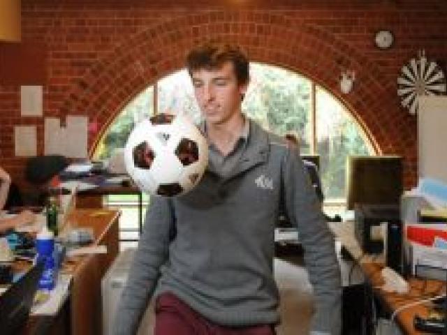 Koen Naulaerts gets in some football practice in the Dunedin Fringe Festival office yesterday. Photo by Gregor Richardson. Koen Naulaerts gets in some football practice in the Dunedin Fringe Festival office yesterday. Photo by Gregor Richardson.