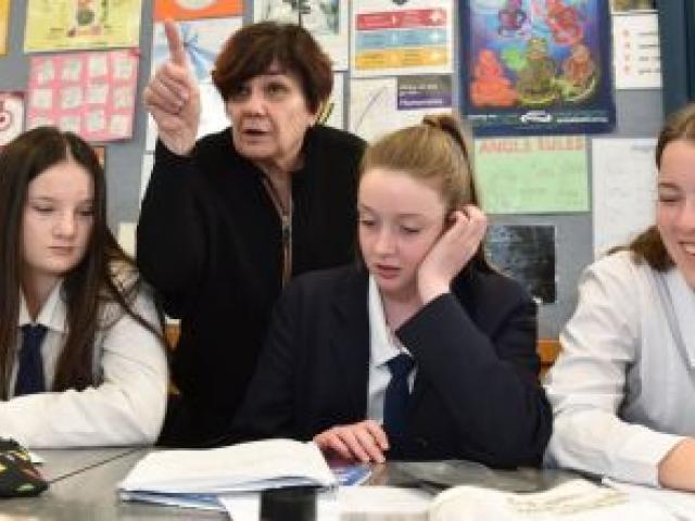 Otago Girls' High School mathematics teacher Jeanette Chapman helps pupils (from left) Emma Mollison (14), Laura Kennelly (15) and Hannah Sims (14) during a maths class. Photo by Gregor Richardson. Otago Girls' High School mathematics teacher Jeanette Chapman helps pupils (from left) Emma Mollison (14), Laura Kennelly (15) and Hannah Sims (14) during a maths class. Photo by Gregor Richardson.