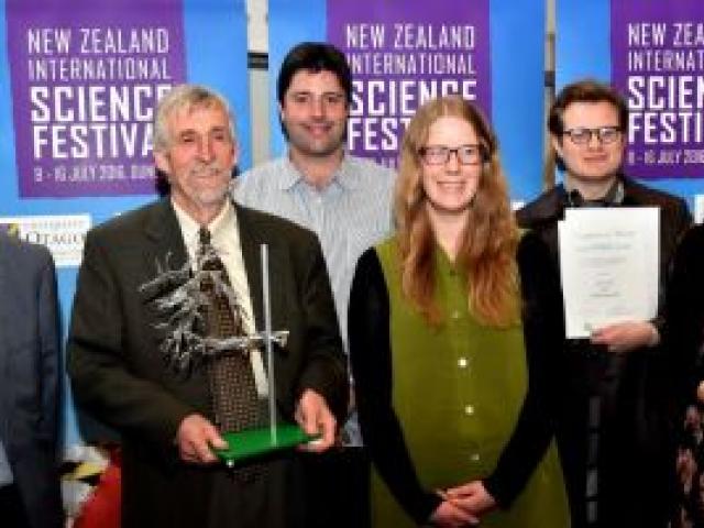 Otago Daily Times community science awards winners (from left) Peter Fennessy (business award), Andrew Innes (sustainability award and lifetime achievement award), Amadeo Enriquez-Ballestero (communicator award), Bianca Sawyer (post-graduate student award
