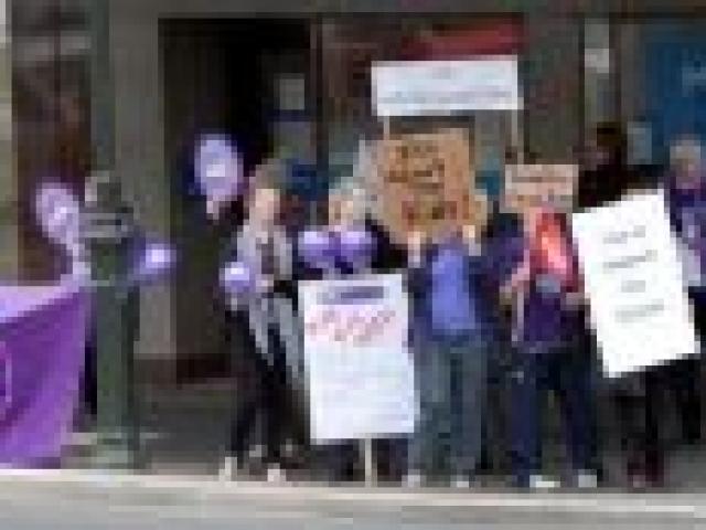 Teachers protest outside National list MP Michael Woodhouse's office yesterday. Photo by Stephen Jaquiery.