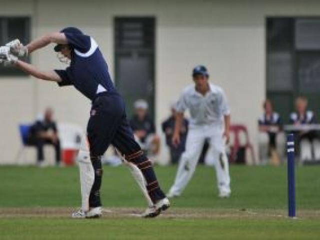 Otago Boys' High School batsman Sam Angus is bowled by King's High School bowler Joel Meade during the Gillette Cup regional final at Tonga Park yesterday. Photo by Gregor Richardson.