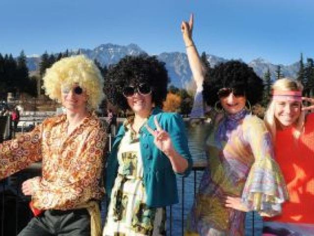 Taking part in the '70s disco workout as part of the Queenstown Winter Festival yesterday are (from left) Kieran Bull, Mitzi Cole-Bailey, both of Queenstown, Jil  Leydon, of Arrowtown, and Alyssa Gibbs, of Queenstown. Photo by Craig Baxter.
