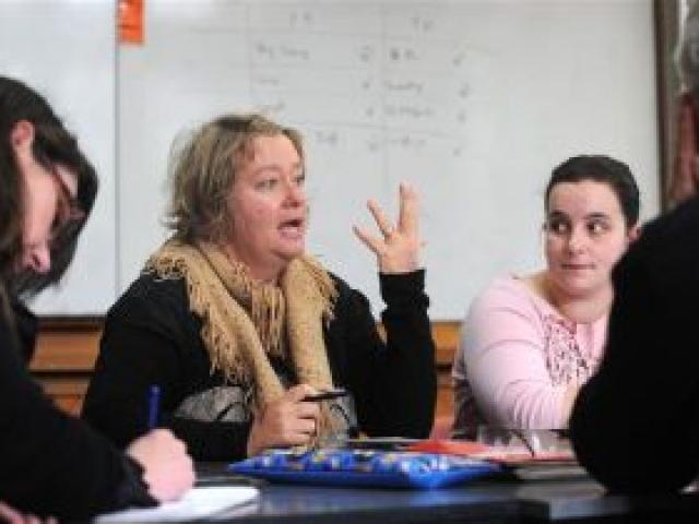 Otago Girls High School social science teachers (from left) Jane Bolton, Sandra Spence, Stacey Gibbons and Jock Murley discuss values and principles and how they will be incorporated into their lesson plans during a curriculum support seminar at Otago Gir