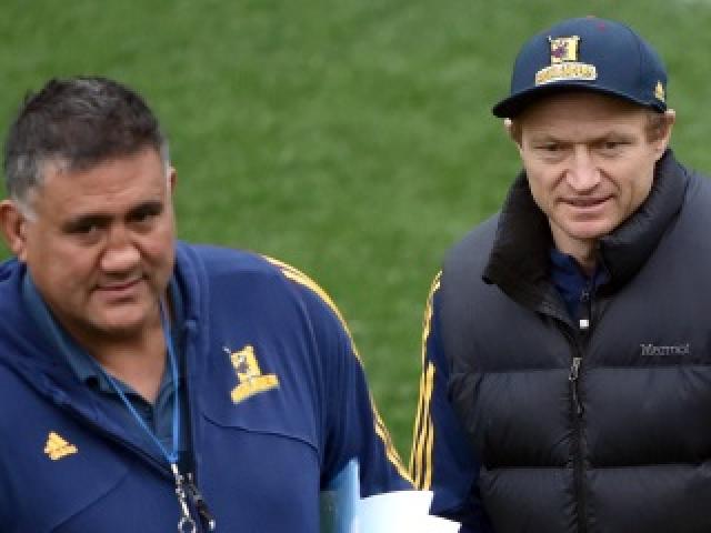 Highlanders coaching staff Jamie Joseph (left) and Tony Brown at training at Forsyth Barr Stadium in Dunedin yesterday. Photo by Peter McIntosh.