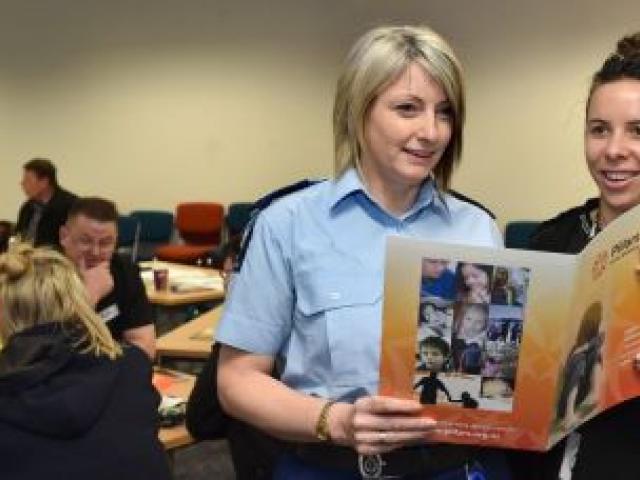 Constable Judy Powell (left) and South Dunedin Social Sector Trial co-ordinator Lana McCarthy lead a workshop in Dunedin yesterday about supporting the children of prisoners in Otago. Photo by Peter McIntosh.