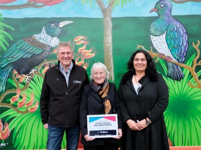 Otago Youth Wellness Trust Manager, Claire Ramsay, pictured with Skillsec owners Norman (left)...