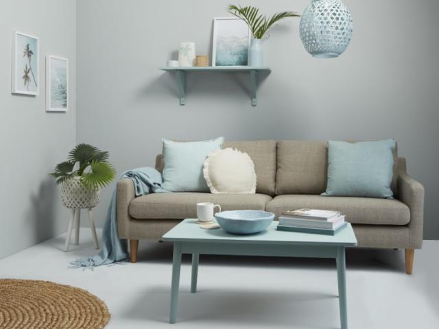 Living room walls in the soft hue of blue Resene Duck Egg Blue create a cool, relaxed and laid...