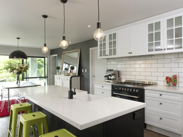 Kitchen in Resene Black White and Resene Black.  Project by Voice Interiors.