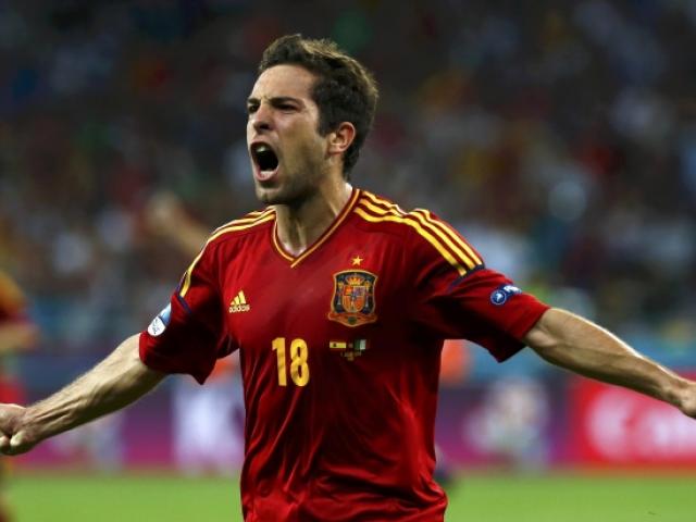 Spain's Jordi Alba celebrates his goal.                   REUTERS/Eddie Keogh