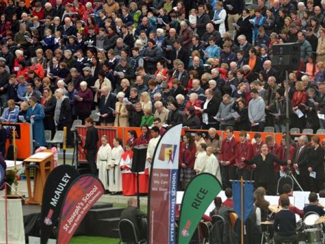 A section of  the crowd at a Mass at Forsyth Barr Stadium yesterday, marking Kavanagh College's...