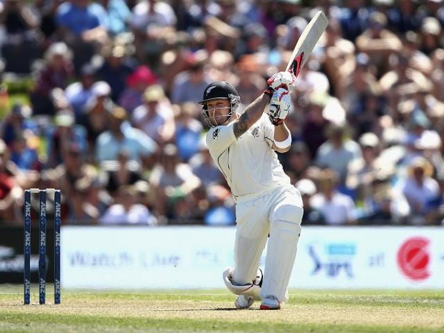 Brendon McCullum crashes another shot away on his way to the fastest hundred in test history....