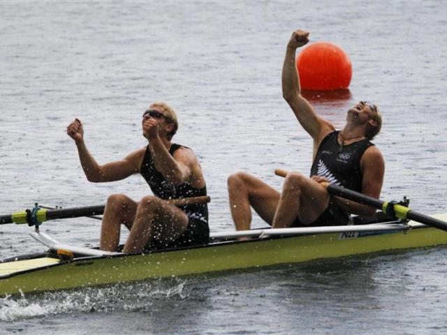 Hamish Bond (left) and Eric Murray celebrate after winning the men's pair final at the London...
