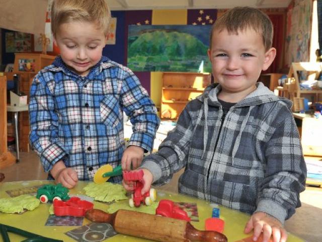 Max Doherty (3) and Fletcher Wilson (3), both of Lee Stream at the Outram Playcentre last week....