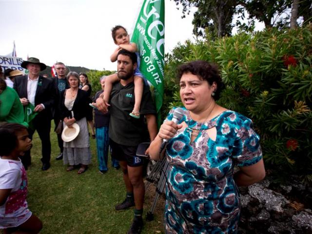 Greens co-leader Metiria Turei addresses deep-sea oil protesters in Waitangi yesterday.