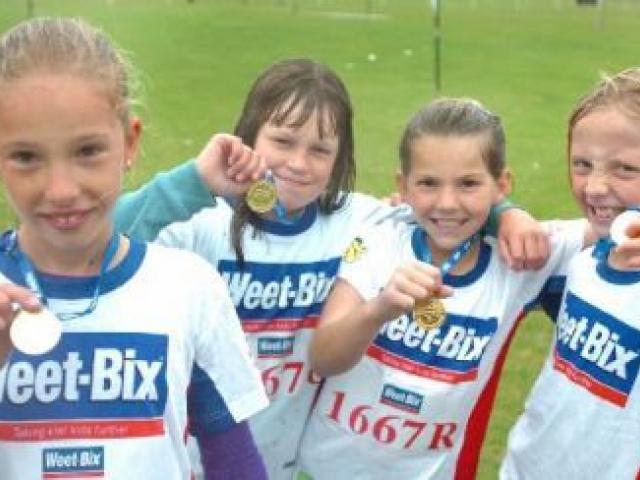 From left, Jemma Dixon (10), Mikayla Hayward (10), Natasha Mitchell (10) and Kasey Scott (10), of Elm Grove School, in Mosgiel in the Weetbix kids competition on Sunday. Photo by Peter McIntosh. From left, Jemma Dixon (10), Mikayla Hayward (10), Natasha Mitchell (10) and Kasey Scott (10), of Elm Grove School, in Mosgiel in the Weetbix kids competition on Sunday. Photo by Peter McIntosh.