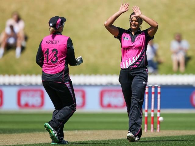 Suzie Bates and Rachel Priest celebrate a wicket while playing for New Zealand. Photo: Getty Images