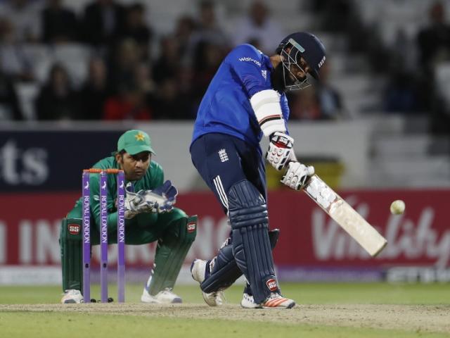 Moeen Ali hits a six for England.  Photo: Reuters