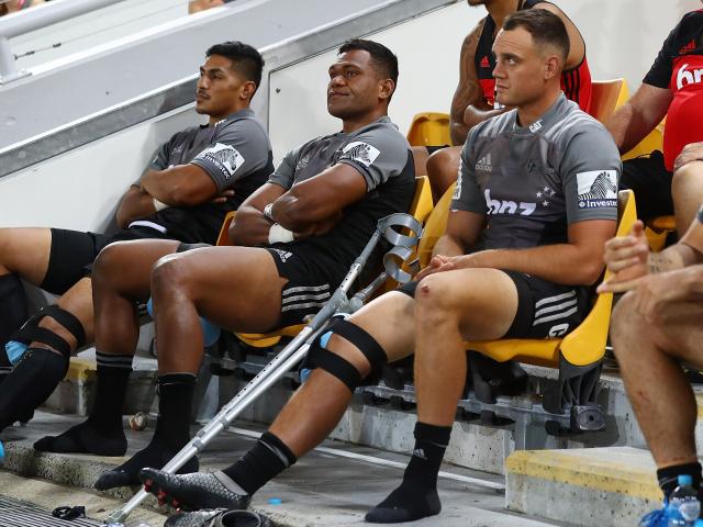  Israel Dagg  sits on the bench after being injured  during a Super Rugby match between the Reds...