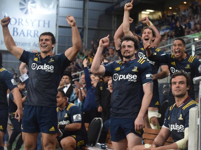 The Highlanders bench (from left) Dillon Hunt, Richard Buckman, Marty Banks, Aaron Smith and Tom...