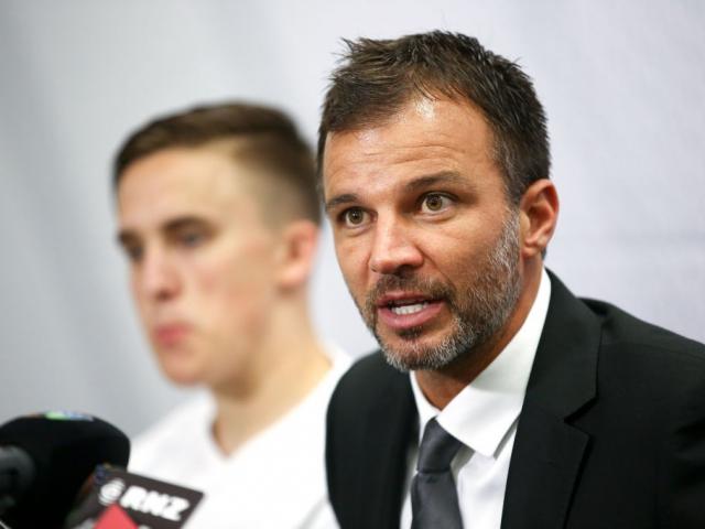 Anthony Hudson addresses the media with Ryan Thomas earlier this year. Photo: Getty Images