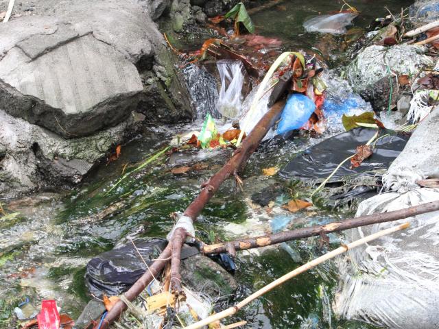 Plastic clogs a stream.