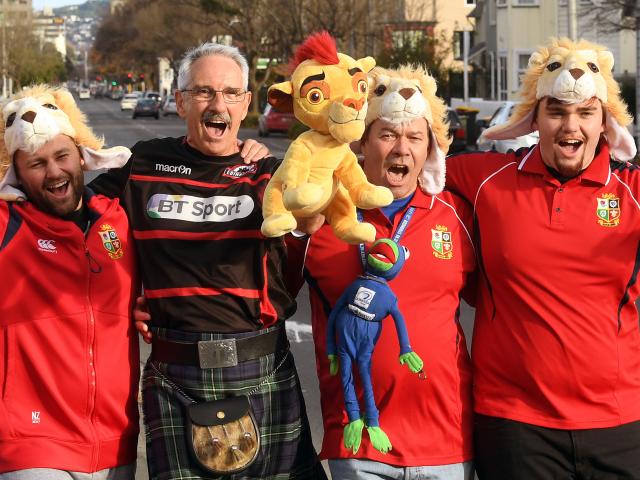 British and Irish Lions supporters (from left) Wes Wheeler, Peter Taylor, Nick Wheeler and Geoff...