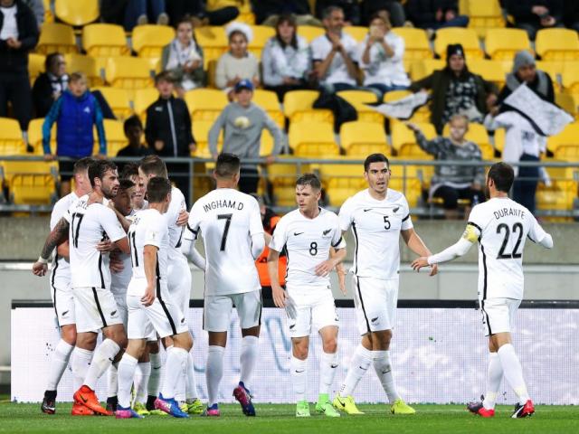 The All Whites celebrate a goal during their qualifying win over Fiji. Photo: Reuters