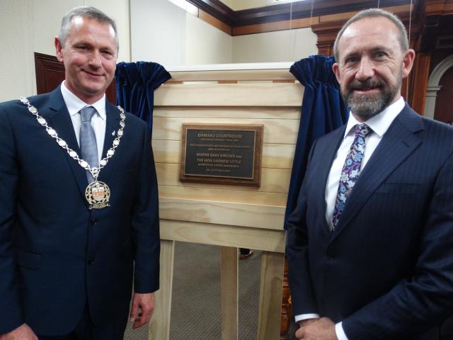 Waitaki Mayor Gary Kircher (left) and Justice Minister Andrew Little with a plaque to mark the...