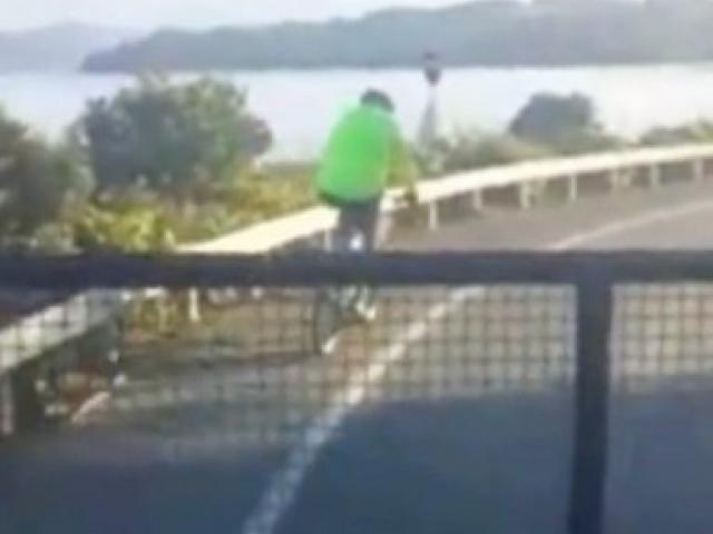 A still from a video showing two Clearwater Civil contractors threatening to run down a cyclist in Portobello Rd, Dunedin. Photo: Supplied