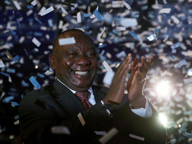 South African President Cyril Ramaphosa celebrates victory for his African National Congress (ANC...