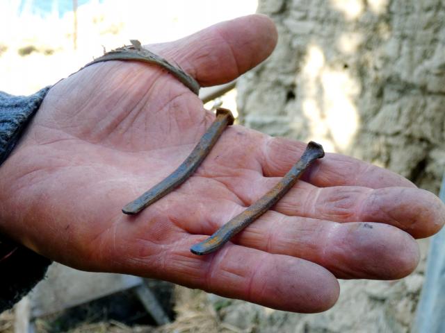Heritage builder Chris Naylor, of Clyde, shows original hand-forged nails from Mrs Heron’s cottage. 