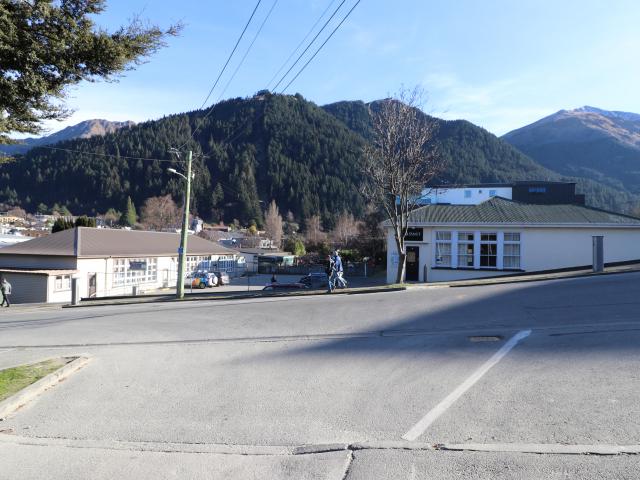The QPact building (right), the Queenstown Arts Centre building (left) and beyond.