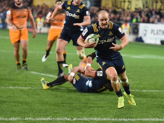 Matt Faddes scores under the posts against the Jaguares in a Super Rugby game at Forsyth Barr...
