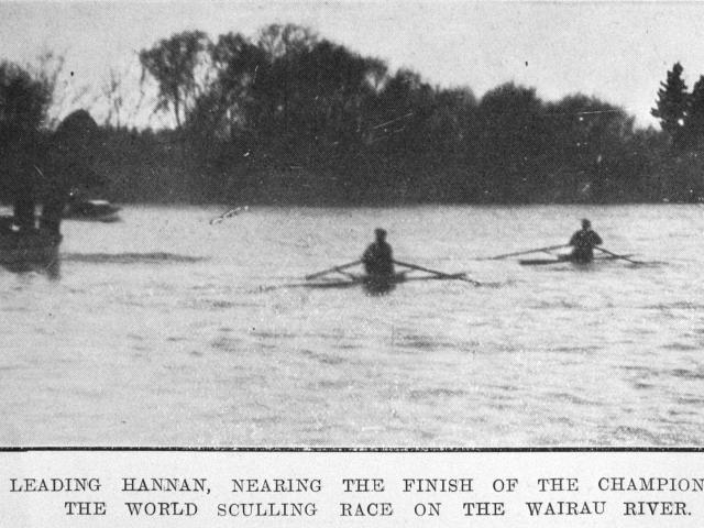Richard Arnst leads Pat Hannan near the finish of the world sculling championship race on the...