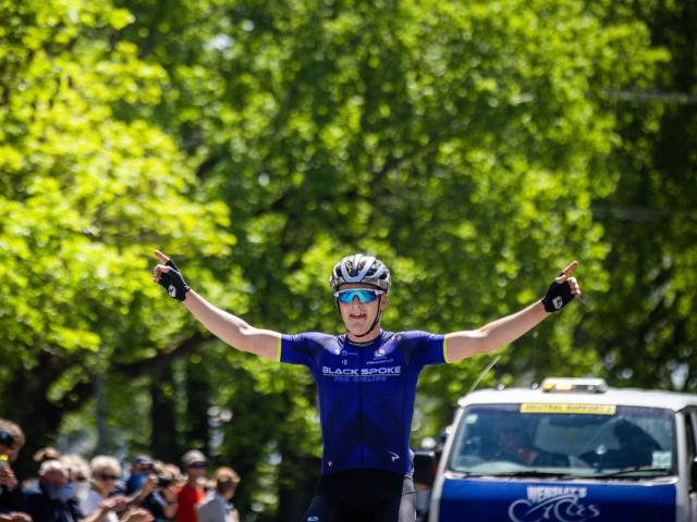 Aucklander James Fouche celebrates as he wins the 151km sixth stage of the Tour of Southland in...