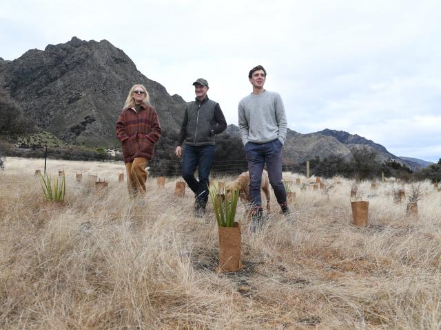 Justine and Geoff Ross and son Finn, with Sika, check native plantings in 2019 on Lake Hawea...