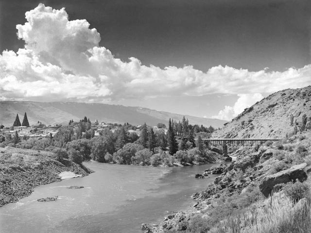 Cromwell, confluence of the Kawarau and Clutha Mata-au rivers pictured about December 1959 or...