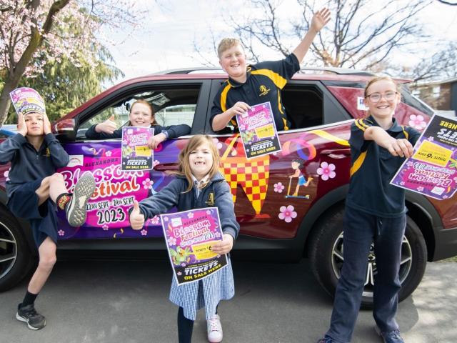 All excited about the 66th Alexandra Blossom Festival are Alexandra Primary School pupils (from...