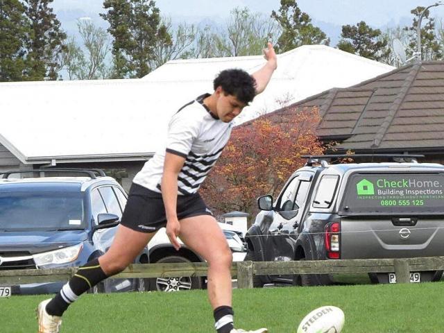 Balclutha rugby league player Kairus Booth, 16, practises goalkicking in Balclutha recently....