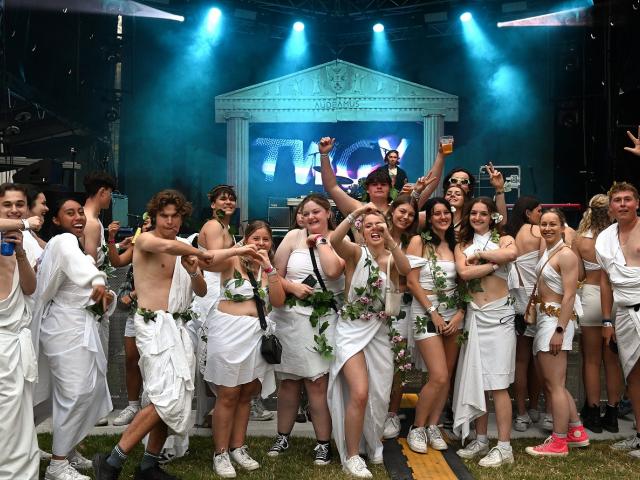 University of Otago first-year students gather on the Union Lawn in togas to listen to music,...